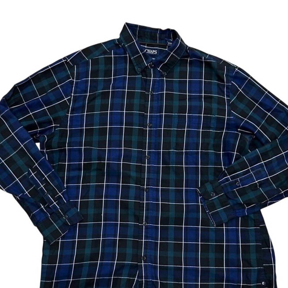 Chaps Men's XL blue black plaid button down shirt preppy old money church office